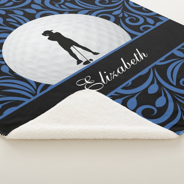 Custom Golfer Golf Silhouette Black Blue Pattern Sherpa Blanket (3/4)