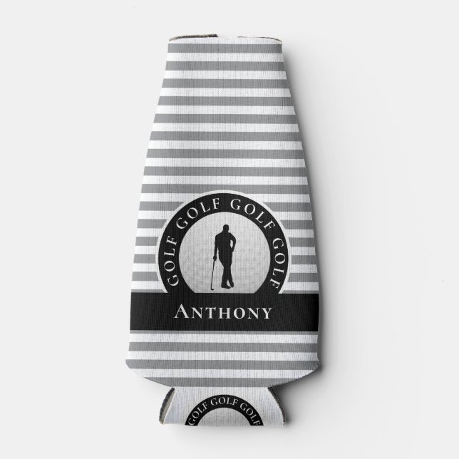 Custom Golfer Monogrammed Name Black Gray For Him Bottle Cooler (Front)