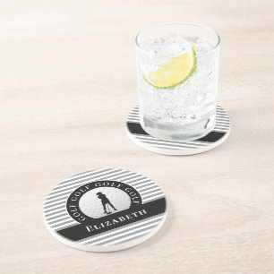 Custom Golfer Monogrammed Name Gray Black Chic Coaster