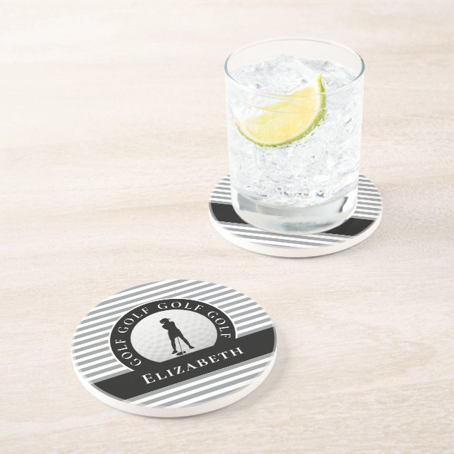 Custom Golfer Monogrammed Name Gray Black Chic  Coaster (Side)