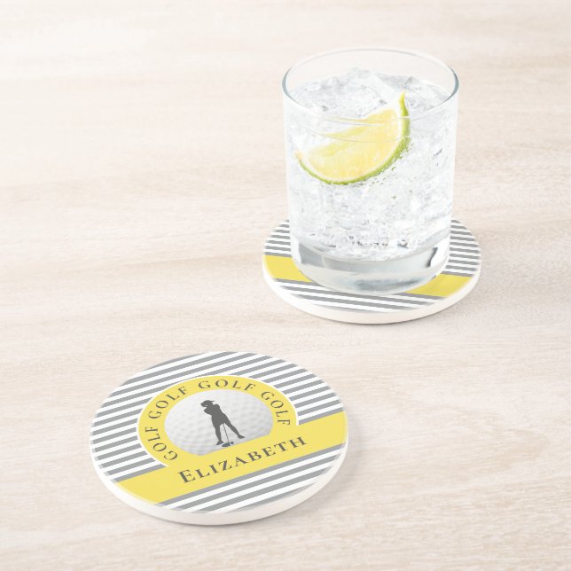Custom Golfer Monogrammed Name Gray Yellow Chic Co Coaster (Side)