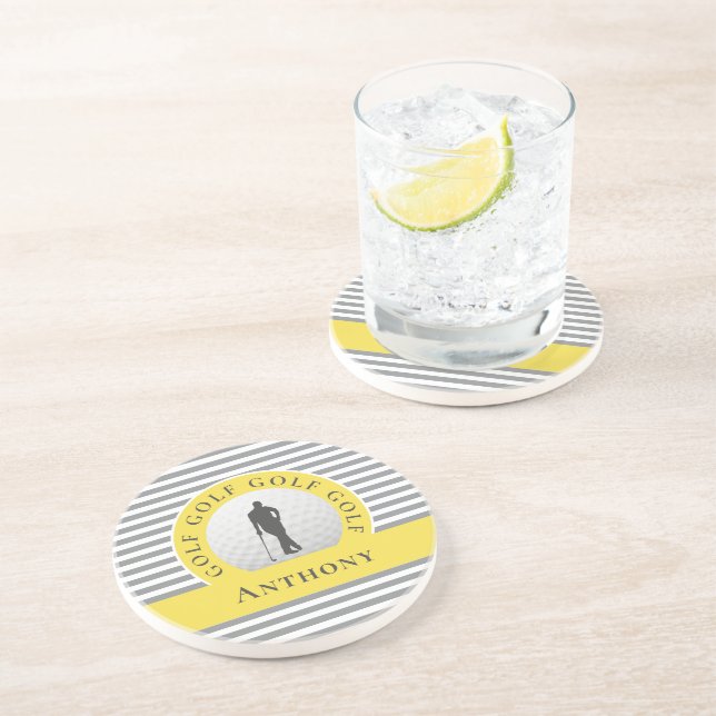 Custom Golfer Monogrammed Name Gray Yellow For Him Coaster (Side)