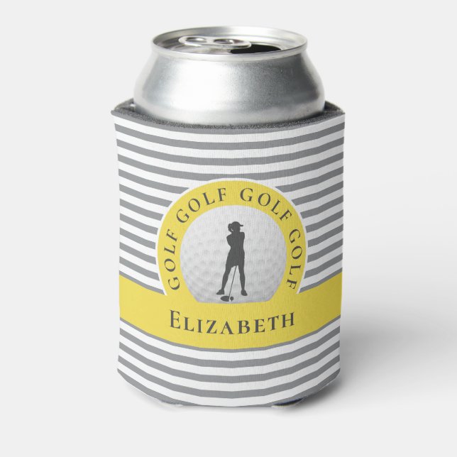 Custom Golfer Monogrammed Name Gray Yellow Sports Can Cooler (Can Back)