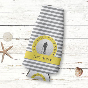 Custom Golfer Monogrammed Name Yellow Gray For Him Bottle Cooler