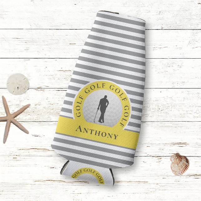 Custom Golfer Monogrammed Name Yellow Gray For Him Bottle Cooler (Creator Uploaded)