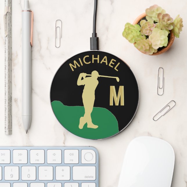 Custom Golfer Name Monogram Men's Sports Wireless Charger (Desk)