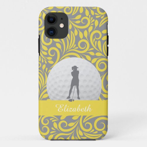 Custom Golfer Name Silhouette Gray Yellow Pattern iPhone 11 Case