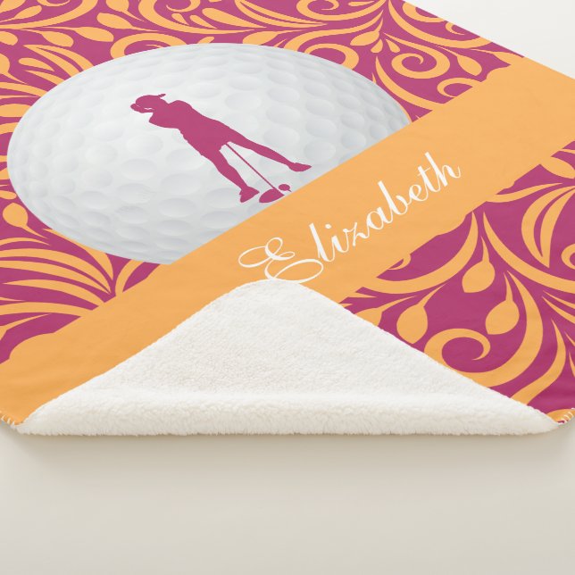 Custom Golfer Pink Orange Golf Silhouette Pattern Sherpa Blanket (3/4)
