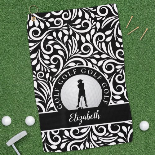 Custom Golfer Silhouette Chic Pattern Black White Golf Towel