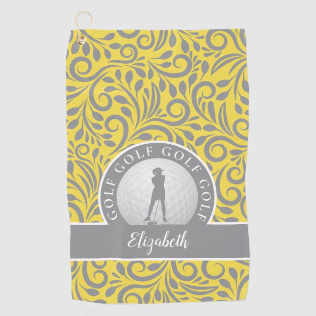 Custom Golfer Silhouette Chic Pattern Yellow Gray Golf Towel (Front)