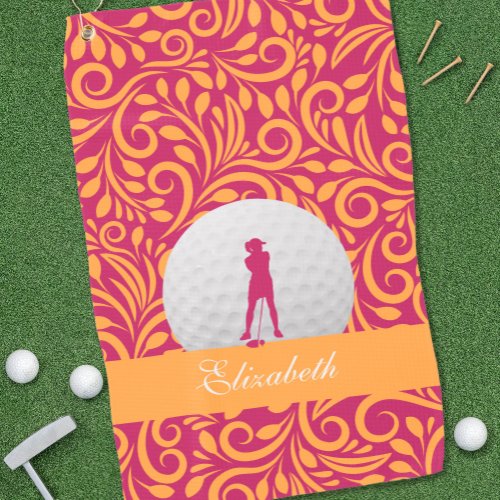 Custom Golfer Silhouette Pink Orange Pattern Chic Golf Towel