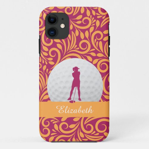 Custom Golfer Silhouette Pink Orange Pattern Name iPhone 11 Case