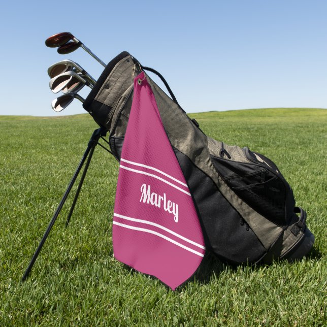 Custom Golfer Sports Classic Name Monogram Pink Golf Towel (Green)
