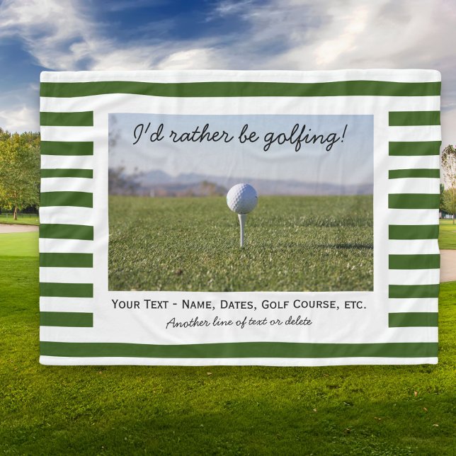 Custom Golfing Golf Photo Green & White Stripes Fleece Blanket (Creator Uploaded)