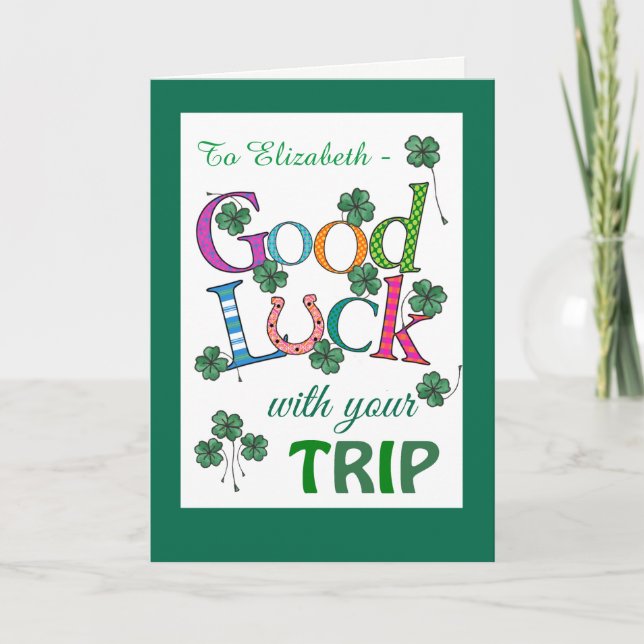 Custom Good Luck on Trip Four-leaf Clover Card (Front)