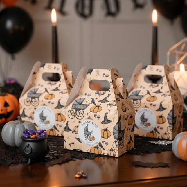 Custom Goth Victorian Baby Carriage Halloween Favor Boxes (Orange A Baby is Brewing Halloween Baby Shower Favor Boxes. Spooky Baby Carriage, Pumpkin, Witch Hat)