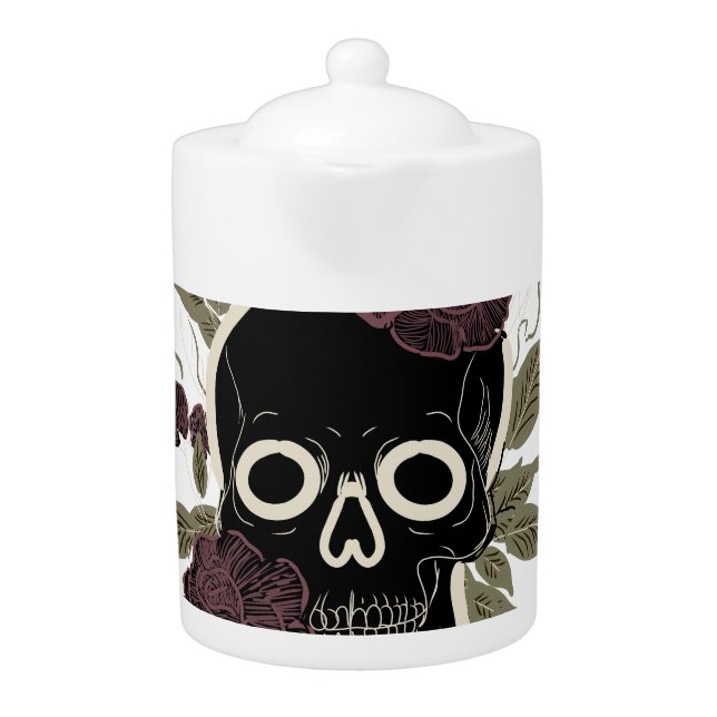 Custom Gothic Skull and Roses Dark Floral Art Teapot (Front)