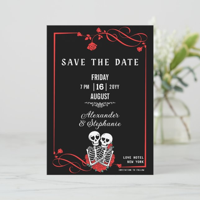 Custom Gothic Skull & Rose Save The Date (Standing Front)