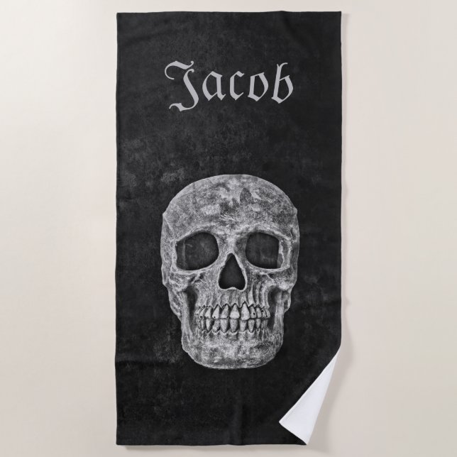 Custom Gothic Skull Texture Grunge Black And White Beach Towel (Front)