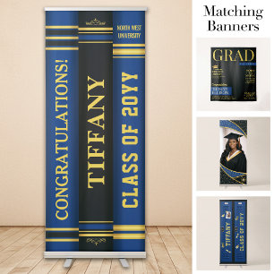 Custom Grad Books Banner, Graduation Blue Gold Retractable Banner
