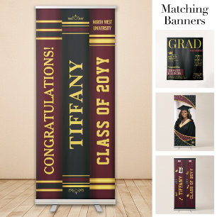 Custom Grad Books Banner, Graduation Burgundy Gold Retractable Banner
