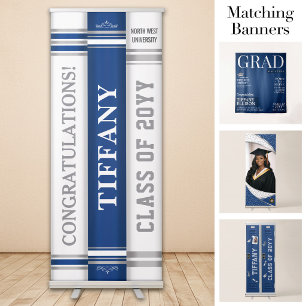 Custom Grad Books Banner, Graduation Navy Silver Retractable Banner