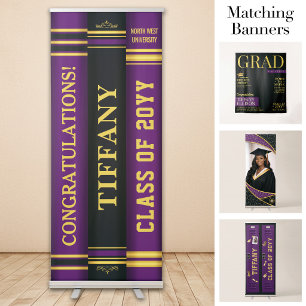 Custom Grad Books Banner, Graduation Purple Gold Retractable Banner