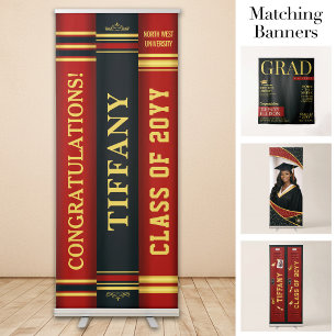 Custom Grad Books Banner, Graduation Red Gold Retractable Banner