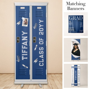 Custom Grad Locker Banner, Graduation Blue Silver Retractable Banner