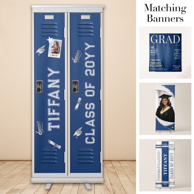 Custom Grad Locker Banner, Graduation Blue Silver Retractable Banner (Custom Grad Locker Banner, Graduation Blue Silver Retractable Banner)