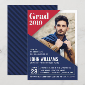 Custom GRAD Modern Red Blue White Photo Graduation Invitation