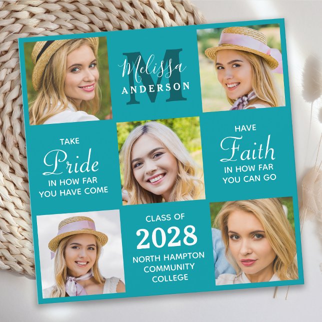Custom Graduate 5 Photo Collage Teal Graduation Invitation (Creator Uploaded)