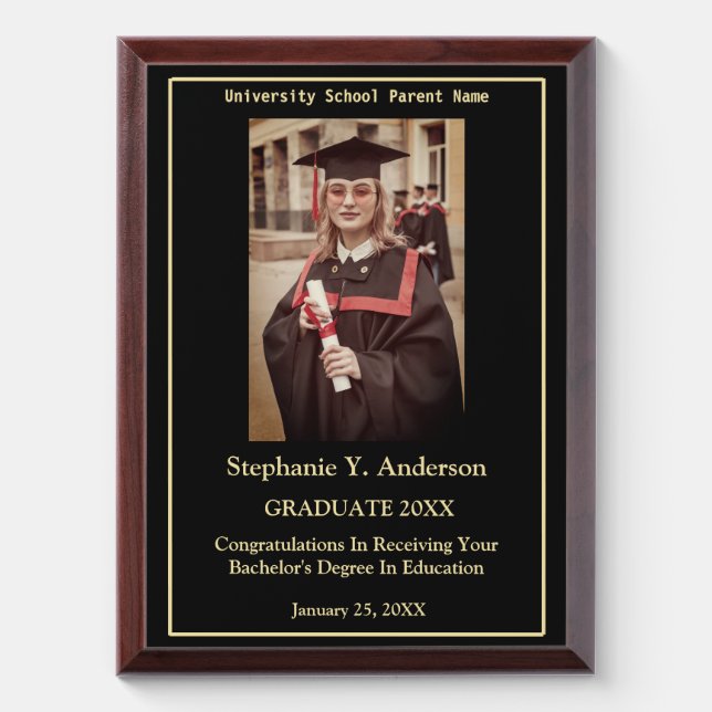 Custom Graduate Graduation Photo Gold Logo Modern Award Plaque (Vertical)