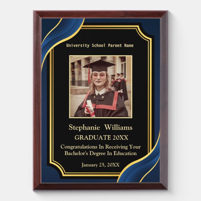 Custom Graduate Graduation Photo Gold Logo Modern Award Plaque (Vertical)