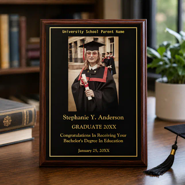 Grad Plaque Custom Graduate Graduation Photo Gold Logo Modern Award Plaque | Zazzle