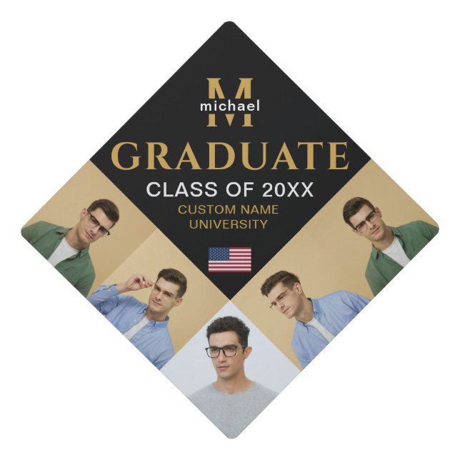 Custom Graduate Photo Collage Monogram US Flag Graduation Cap Topper (Front)