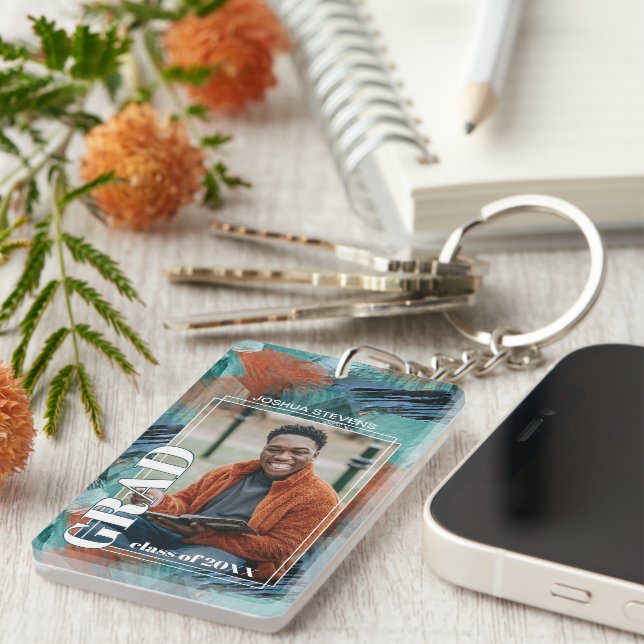 Custom Graduate Photo On Abstract Art Pattern Keychain (Front Right)