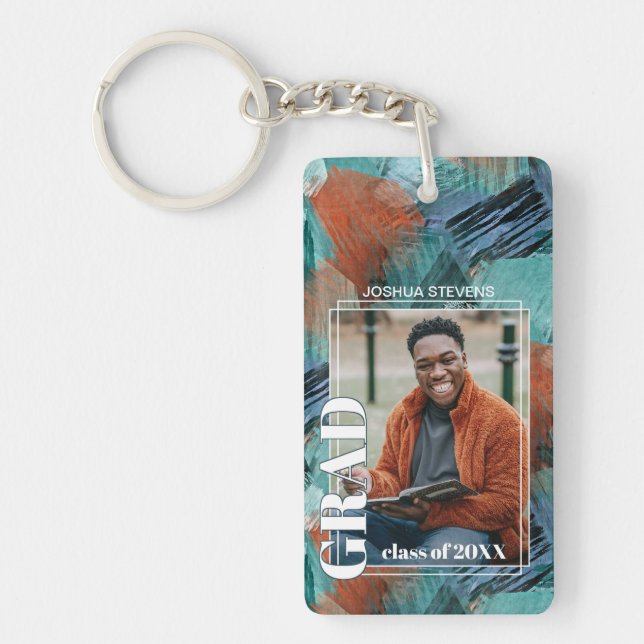 Custom Graduate Photo On Abstract Art Pattern Keychain (Front)