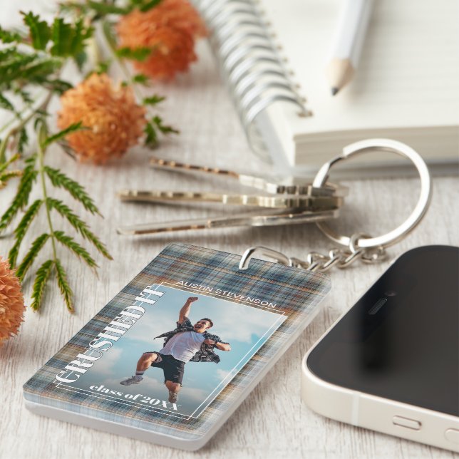 Custom Graduate Photo On Gingham Pattern Keychain (Front Right)