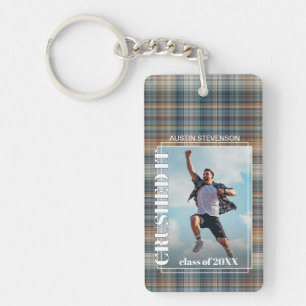 Custom Graduate Photo On Gingham Pattern Keychain