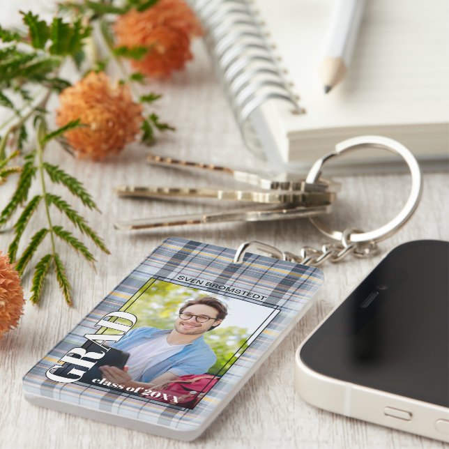 Custom Graduate Photo On Gingham Pattern Keychain (Front Right)