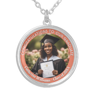 Custom Graduate Photo Peach Graduation Keepsake Silver Plated Necklace