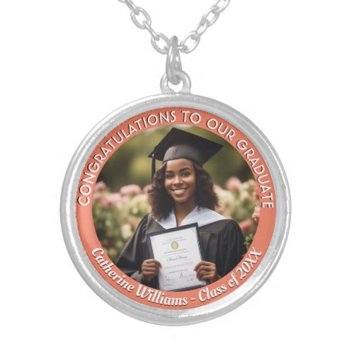 Custom Graduate Photo Peach Graduation Keepsake Silver Plated Necklace