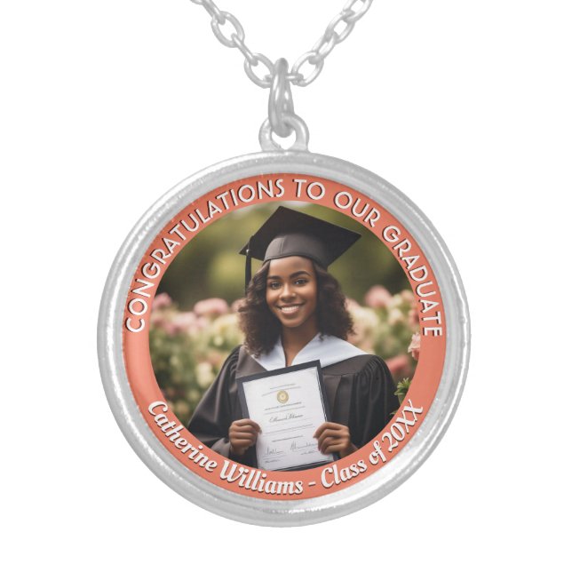 Custom Graduate Photo Peach Graduation Keepsake Silver Plated Necklace (Front)