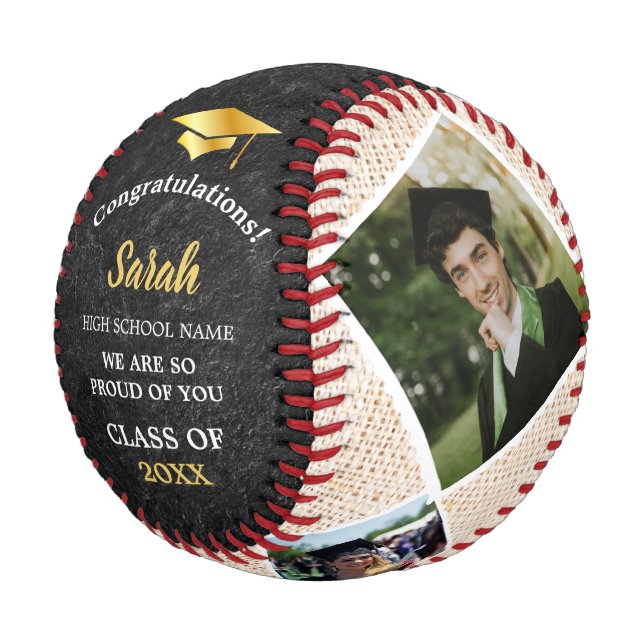 Custom Graduation 4 Photo Class Of 2025 Black Gold Baseball (Angled)