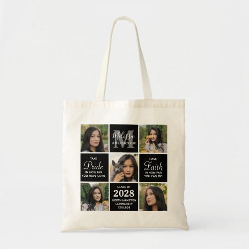 Custom Graduation 5 Photo Collage Graduate Tote Bag - Celebrate your graduate with these modern and elegant photo collage graduation tote bag. Customize with 5 of your favorite senior or college photos, and personalize with monogram initial, name, graduating year, high school or college name. Inspirational quote: "Take Pride in how far you have come, Have Faith in how far you can go" These unique trendy and stylish graduation tote bag will be a treasured keepsake. COPYRIGHT © 2020 Judy Burrows, Black Dog Art - All Rights Reserved. Custom Graduation 5 Photo Collage Graduate Tote Bag