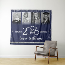 Custom Graduation Banner Photo Collage Blue Silver