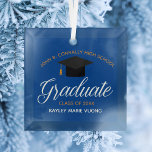 Custom Graduation Blue Gold Graduate Christmas Glass Ornament<br><div class="desc">This royal blue custom senior graduation Christmas ornament gift features chic white and gold typography under a high school or college name for the class of 2025. Customize with your graduating year under the lovely calligraphy for a great personalized graduate present.</div>