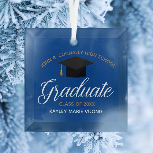 Custom Graduation Blue Gold Graduate Christmas Glass Ornament