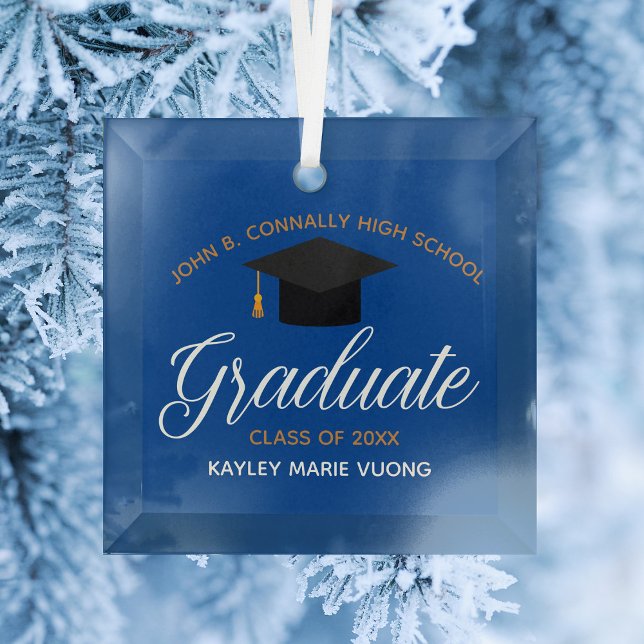 Custom Graduation Blue Gold Graduate Christmas Glass Ornament (Creator Uploaded)